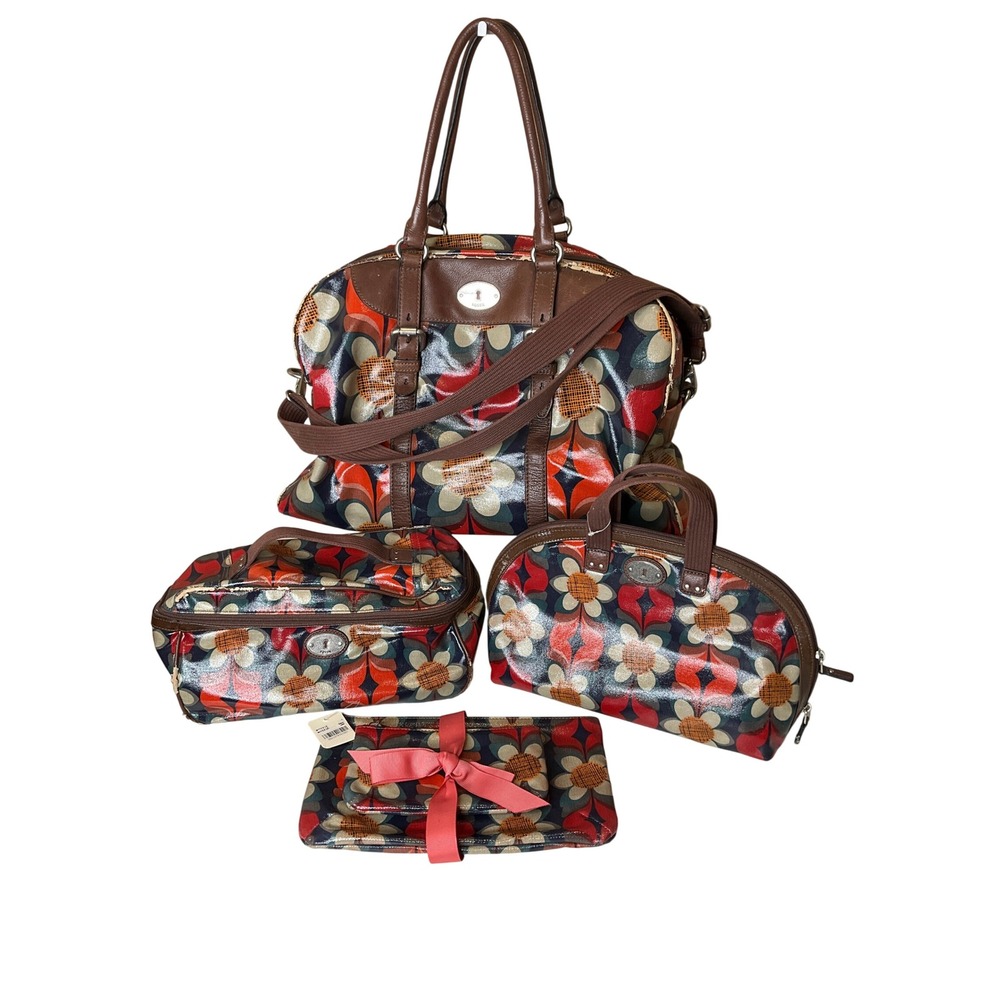 Vintage Fossil Key-Per Canvas Coated Travel (5) Set Weekender Tote & Accesories